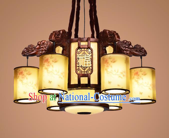 Traditional Chinese Wood Palace Lantern Handmade Six-Lights Hanging Ceiling Lanterns Ancient Lamp