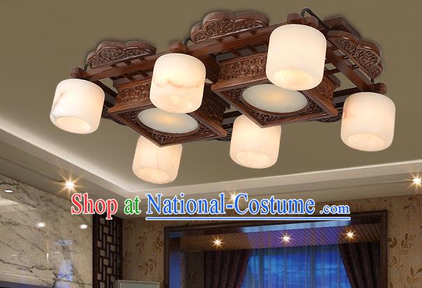 Traditional Chinese Wood Palace Lantern Handmade Six-Lights Marble Ceiling Lanterns Ancient Lamp