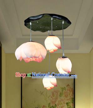 Top Grade Handmade Four-Lights Red Lotus Hanging Lanterns Traditional Chinese Ceiling Palace Lantern Ancient Lanterns