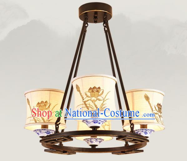 China Handmade Four-Lights Ceiling Lanterns Traditional Chinese Painting Lotus Palace Lantern Ancient Lanterns