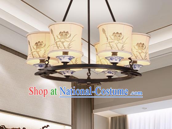 China Handmade Six-Lights Ceiling Lanterns Traditional Chinese Painting Lotus Palace Lantern Ancient Lanterns