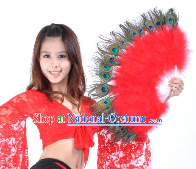 Indian Bollywood Belly Dance Fans Red Feather Folding Fans for Women