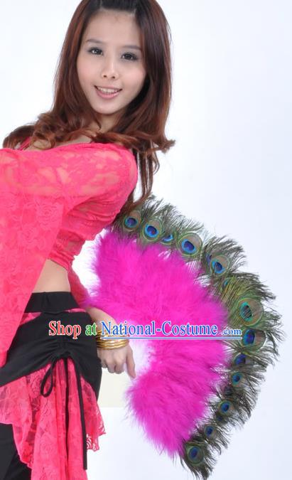 Indian Bollywood Belly Dance Fans Rosy Feather Folding Fans for Women