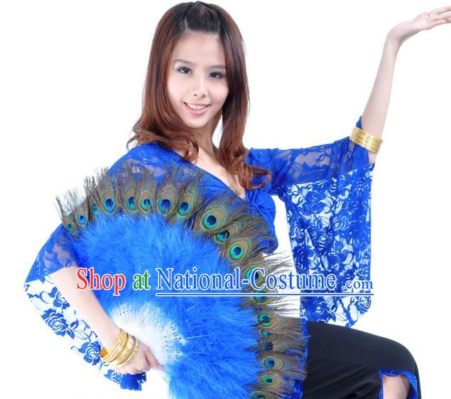 Indian Bollywood Belly Dance Fans Deep Blue Feather Folding Fans for Women