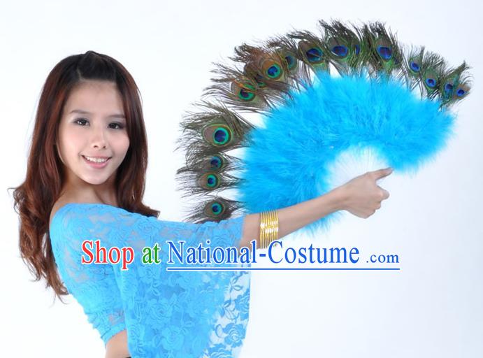 Indian Bollywood Belly Dance Fans Blue Feather Folding Fans for Women