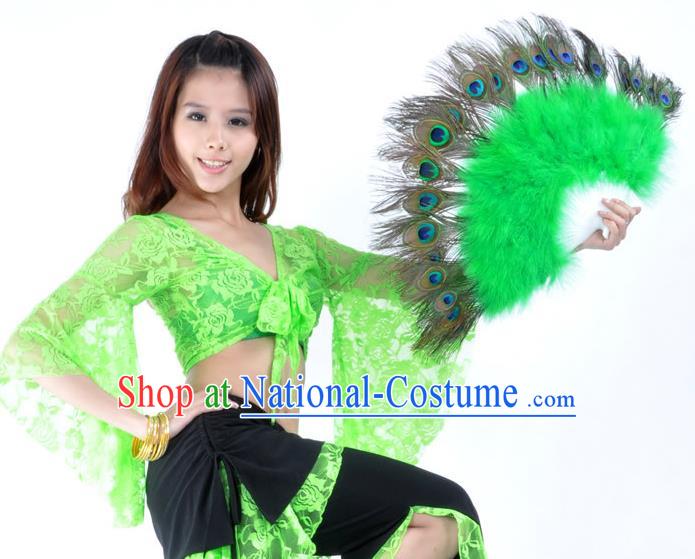 Indian Bollywood Belly Dance Fans Green Feather Folding Fans for Women