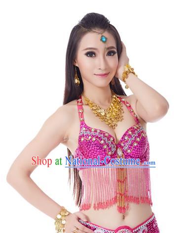 Indian National Belly Dance Tassel Rosy Brassiere Bollywood Oriental Dance Costume for Women