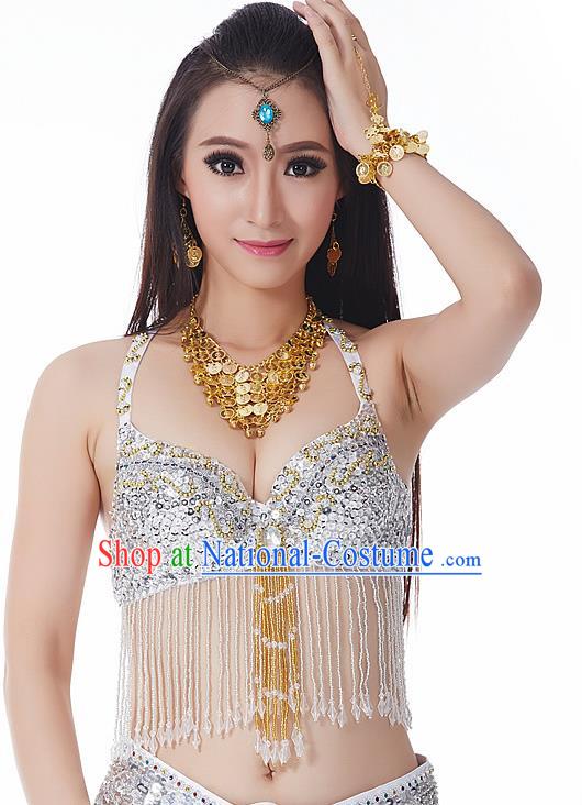 Indian National Belly Dance Tassel White Brassiere Bollywood Oriental Dance Costume for Women