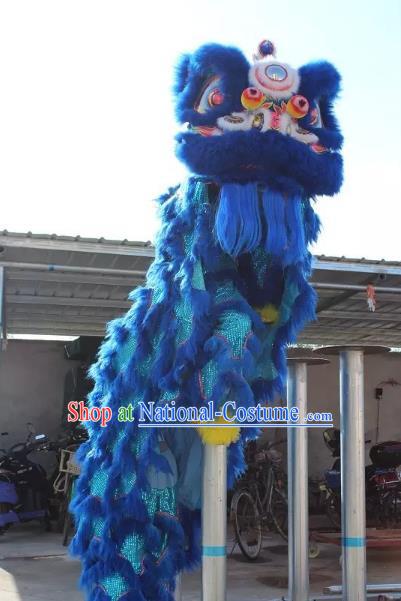 Chinese Traditional Parade Blue Wool Lion Head Professional Lion Dance Costumes Complete Set