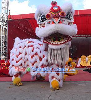 Chinese Traditional Parade White Southern Lion Head Professional Wool Lion Dance Costumes Complete Set