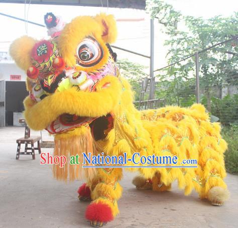 Chinese Traditional Parade Yellow Southern Lion Head Professional Wool Lion Dance Costumes Complete Set