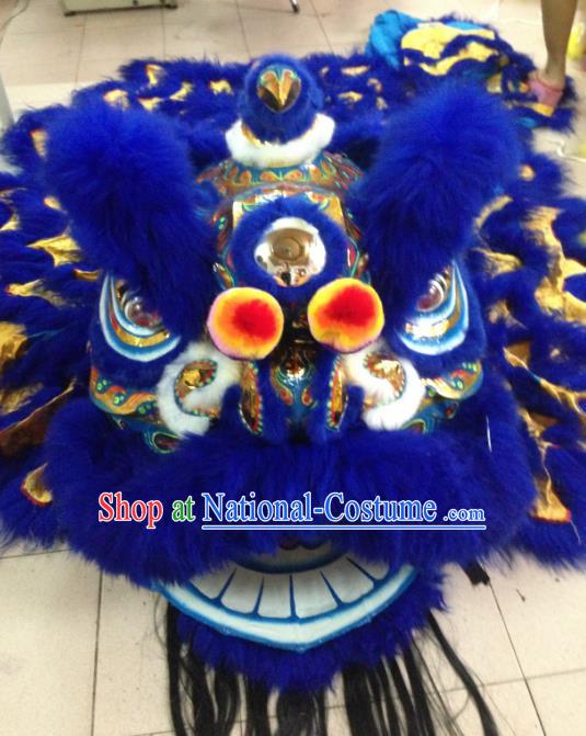 Chinese Traditional Professional Royalblue Wool Lion Dance Costumes Celebration and Parade Lion Head Complete Set