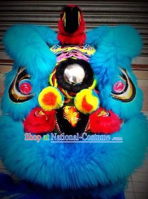 Chinese Traditional Professional Blue Wool Lion Dance Costumes Celebration and Parade Lion Head Complete Set