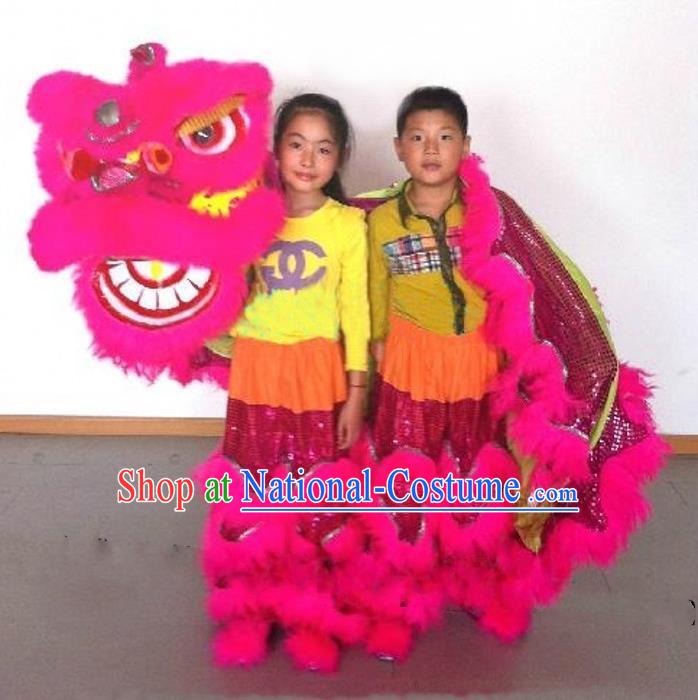 Chinese Traditional Children Lion Dance Costumes Professional Celebration Parade Pink Wool Lion Head Complete Set