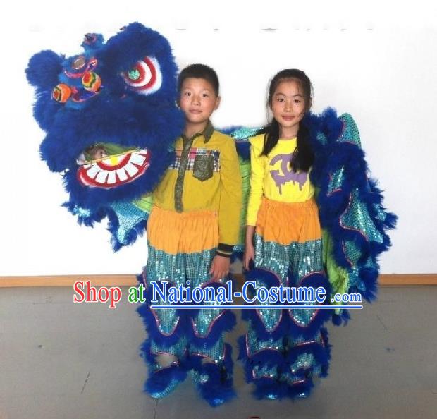 Chinese Traditional Children Lion Dance Costumes Professional Celebration Parade Blue Wool Lion Head Complete Set