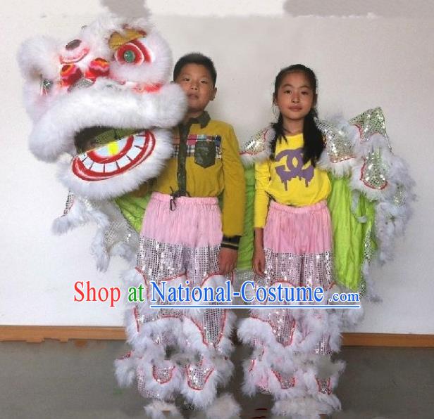 Chinese Traditional Children Lion Dance Costumes Professional Celebration Parade White Wool Lion Head Complete Set