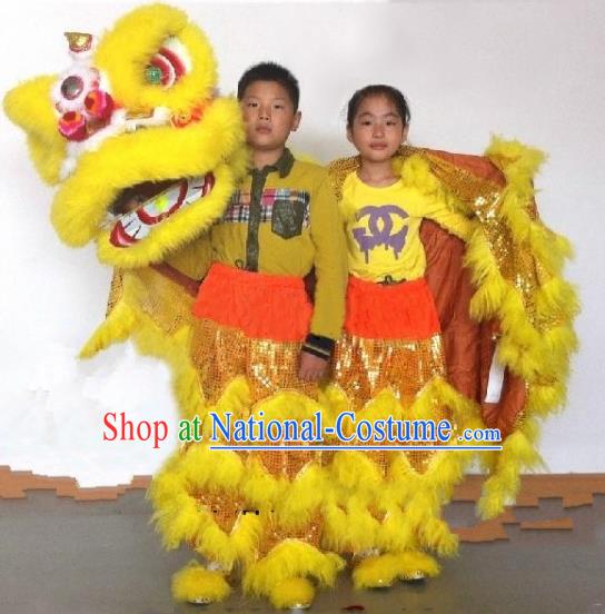 Chinese Traditional Children Lion Dance Costumes Professional Celebration Parade Yellow Wool Lion Head Complete Set