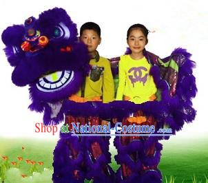 Chinese Traditional Children Lion Dance Costumes Professional Celebration Parade Purple Wool Lion Head Complete Set