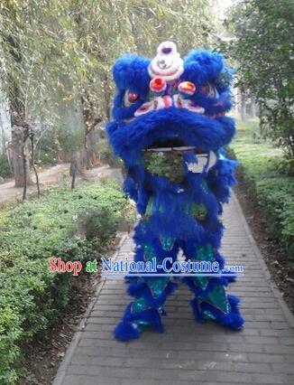 Chinese Traditional Blue Wool Lion Dance Costumes Professional Celebration Parade Lion Head Complete Set