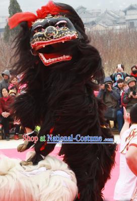 Chinese Traditional Parade Black Long Wool Lion Head Professional Lion Dance Costumes Complete Set