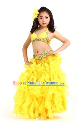 Traditional Indian Belly Dance Yellow Dress Asian India Oriental Dance Costume for Kids