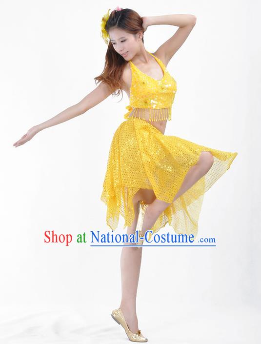 Traditional Indian Belly Dance Yellow Sequin Clothing India Oriental Dance Costume for Women