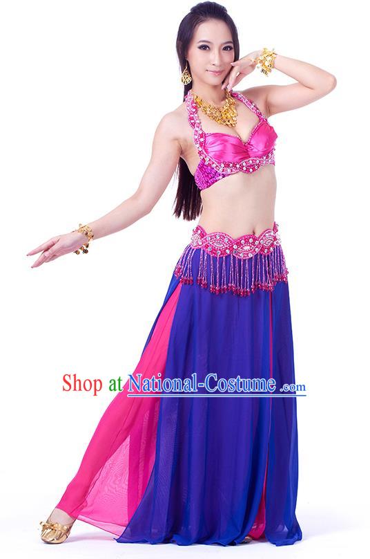 Traditional Indian Belly Dance Blue and Rosy Dress India Oriental Dance Clothing for Women