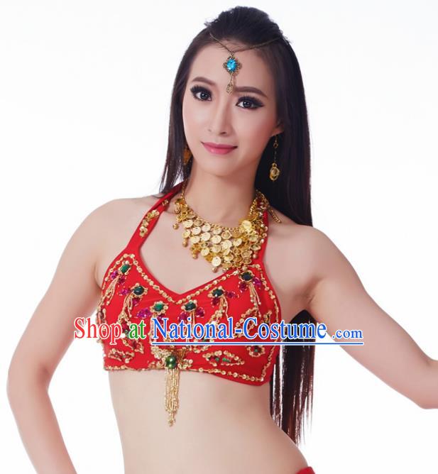 Indian Belly Dance Red Brassiere Upper Outer Garment Asian India Oriental Dance Costume for Women