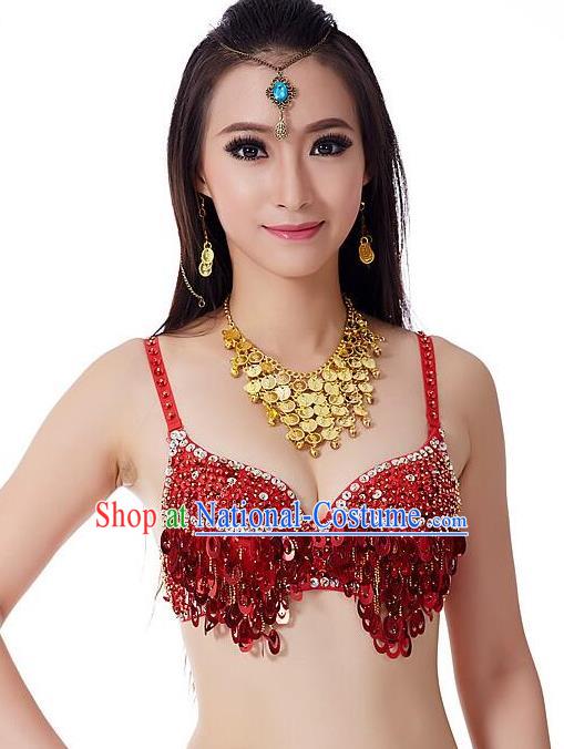 Indian Bollywood Belly Dance Red Sequin Brassiere Asian India Oriental Dance Costume for Women