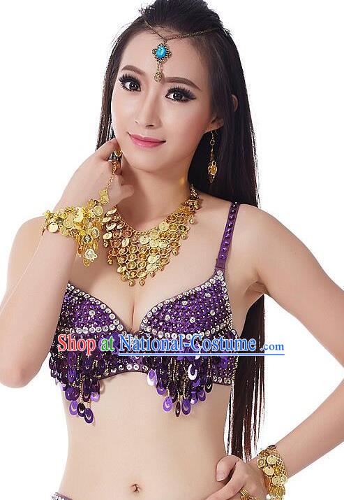 Indian Bollywood Belly Dance Purple Sequin Brassiere Asian India Oriental Dance Costume for Women