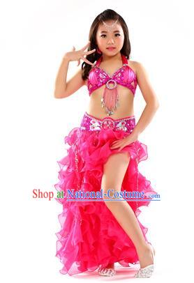 Traditional Indian Children Stage Performance Rosy Dress Oriental Belly Dance Costume for Kids