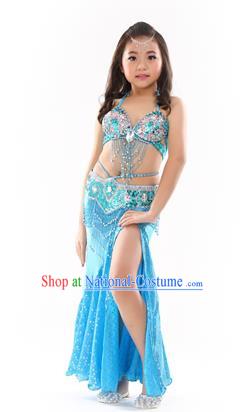 Traditional Indian Children Performance Oriental Dance Blue Dress Belly Dance Costume for Kids