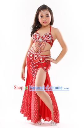 Traditional Indian Children Performance Oriental Dance Red Dress Belly Dance Costume for Kids