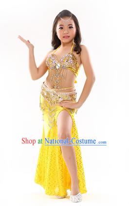 Traditional Indian Children Performance Oriental Dance Yellow Dress Belly Dance Costume for Kids