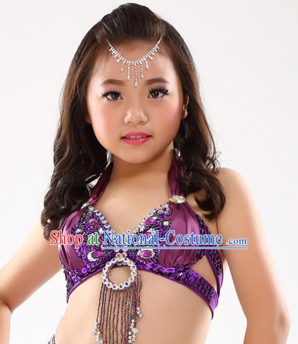 Indian Belly Dance Purple Brassiere Asian India Oriental Dance Costume for Kids