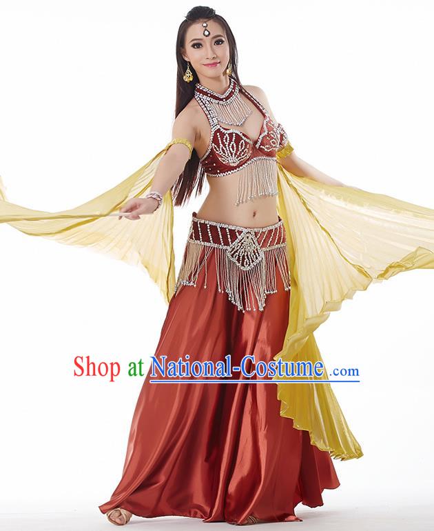 Traditional India Oriental Bollywood Dance Velvet Costume Indian Belly Dance Brownish Red Dress for Women