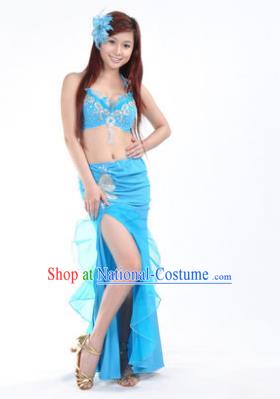 Traditional Indian Stage Oriental Dance Blue Dress Belly Dance Costume for Women