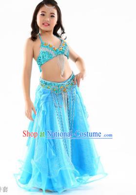 Indian Traditional Stage Performance Dance Blue Dress Belly Dance Costume for Kids