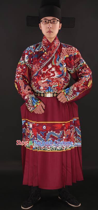 Chinese Ming Dynasty Imperial Guards Costumes Ancient Swordsman Embroidered Red Robe for Men