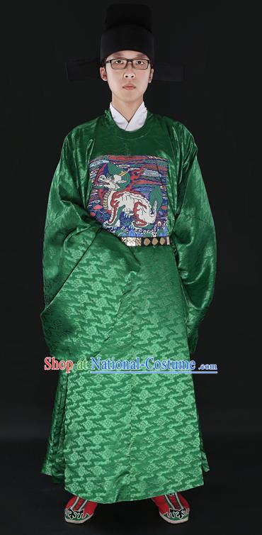 Chinese Ming Dynasty Court Censor Costumes Ancient Chancellor Embroidered Haechi Green Robe for Men