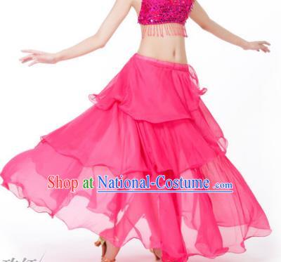 Indian Belly Dance Stage Performance Costume, India Oriental Dance Rosy Spiral Skirt for Women