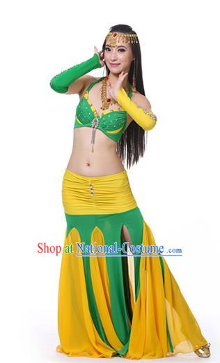 Asian Indian Bollywood Belly Dance Costume Stage Performance Oriental Dance Green and Yellow Dress for Women