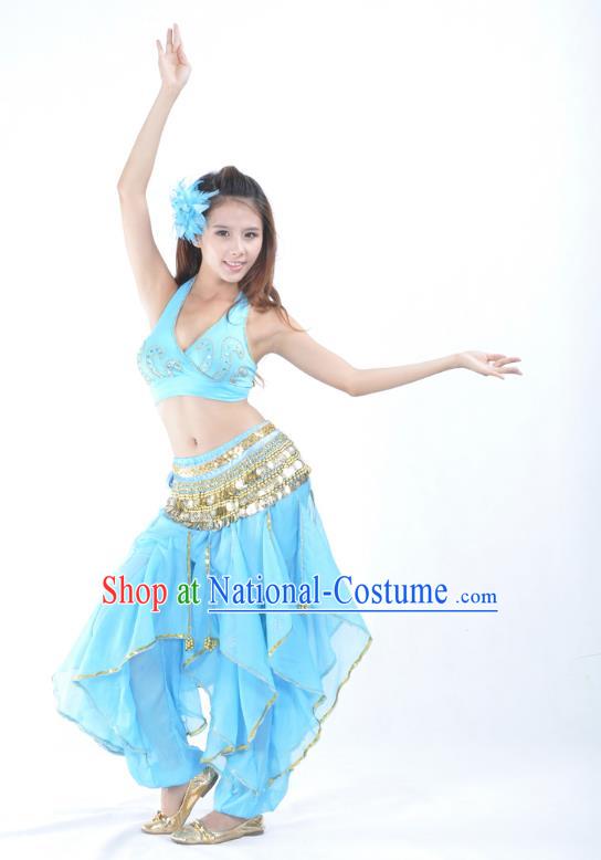 Asian Indian Traditional Costume Belly Dance Stage Performance Oriental Dance Blue Clothing for Women