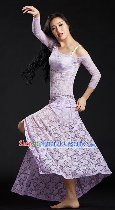 Asian Indian Traditional Costume Belly Dance Stage Performance Lilac Lace Dress for Women