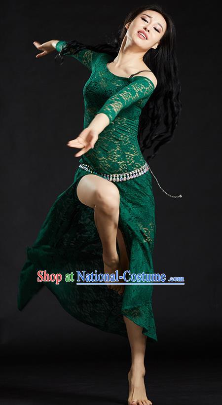 Asian Indian Traditional Costume Belly Dance Stage Performance Green Lace Dress for Women