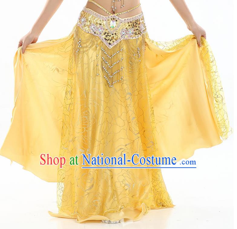 Asian Indian Belly Dance Costume Yellow Rose Skirt Stage Performance Oriental Dance Dress for Women