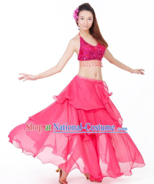 Indian Traditional Dance Rosy Dress Oriental Belly Dance Stage Performance Costume for Women