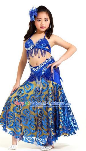 Indian Traditional Belly Dance Royalblue Dress Oriental Dance Performance Costume for Kids