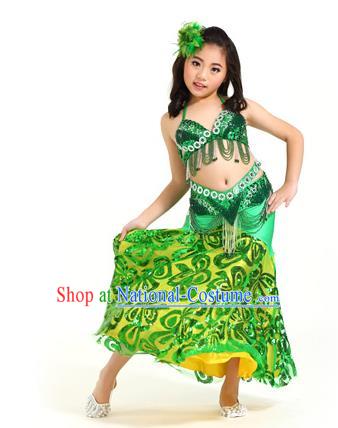 Indian Traditional Belly Dance Green Dress Oriental Dance Performance Costume for Kids