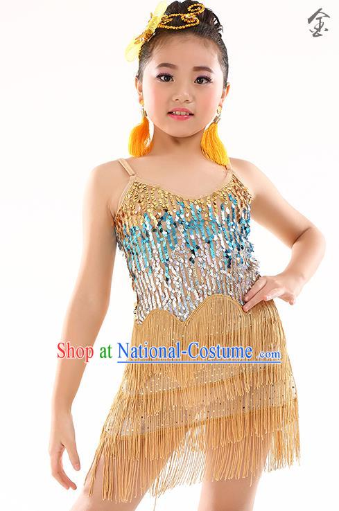 Children Modern Dance Jazz Latin Dance Costume Classical Dance Golden Dress for Kids